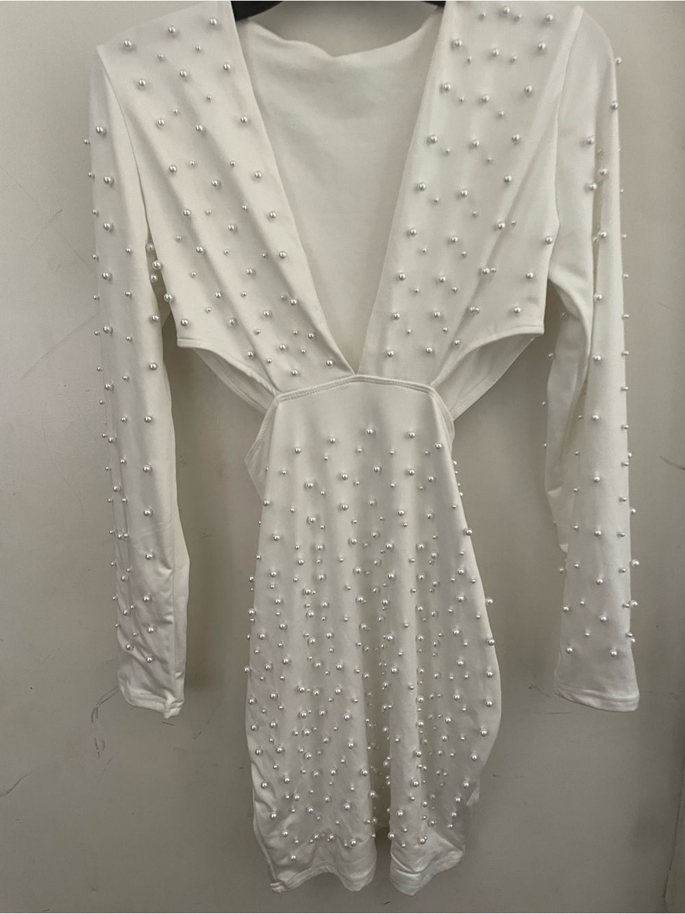 SHEIN White Pearl-Studded Long Sleeve Dress